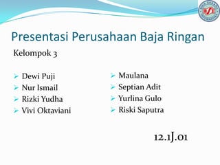 Presentasi Perusahaan Baja Ringan
Kelompok 3
 Dewi Puji

 Maulana

 Nur Ismail

 Septian Adit

 Rizki Yudha

 Yurlina Gulo

 Vivi Oktaviani

 Riski Saputra

12.1J.01

 