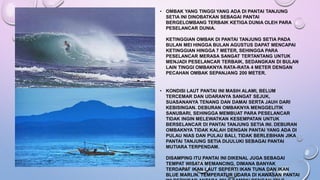 • OMBAK YANG TINGGI YANG ADA DI PANTAI TANJUNG 
SETIA INI DINOBATKAN SEBAGAI PANTAI 
BERGELOMBANG TERBAIK KETIGA DUNIA OLEH PARA 
PESELANCAR DUNIA. 
KETINGGIAN OMBAK DI PANTAI TANJUNG SETIA PADA 
BULAN MEI HINGGA BULAN AGUSTUS DAPAT MENCAPAI 
KETINGGIAN HINGGA 7 METER, SEHINGGA PARA 
PESELANCAR MERASA SANGAT TERTANTANG UNTUK 
MENJADI PESELANCAR TERBAIK, SEDANGKAN DI BULAN 
LAIN TINGGI OMBAKNYA RATA-RATA 4 METER DENGAN 
PECAHAN OMBAK SEPANJANG 200 METER. 
• KONDISI LAUT PANTAI INI MASIH ALAMI, BELUM 
TERCEMAR DAN UDARANYA SANGAT SEJUK, 
SUASANANYA TENANG DAN DAMAI SERTA JAUH DARI 
KEBISINGAN. DEBURAN OMBAKNYA MENGGELITIK 
SANUBARI, SEHINGGA MEMBUAT PARA PESELANCAR 
TIDAK INGIN MELEWATKAN KESEMPATAN UNTUK 
BERSELANCAR DI PANTAI TANJUNG SETIA INI. DEBURAN 
OMBAKNYA TIDAK KALAH DENGAN PANTAI YANG ADA DI 
PULAU NIAS DAN PULAU BALI, TIDAK BERLEBIHAN JIKA 
PANTAI TANJUNG SETIA DIJULUKI SEBAGAI PANTAI 
MUTIARA TERPENDAM. 
DISAMPING ITU PANTAI INI DIKENAL JUGA SEBAGAI 
TEMPAT WISATA MEMANCING, DIMANA BANYAK 
TERDAPAT IKAN LAUT SEPERTI IKAN TUNA DAN IKAN 
BLUE MARLIN. TEMPERATUR UDARA DI KAWASAN PANTAI 
INI BERKISAR ANTARA 29° C SAMPAI DENGAN 33° C. 
 