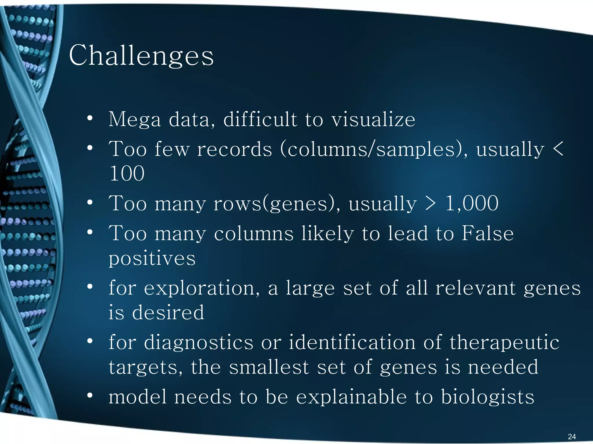 Challenges

 • Mega data, difficult to visualize
 • Too few records (columns/samples), usually <
   100
 • Too many rows(genes), usually > 1,000
 • Too many columns likely to lead to False
   positives
 • for exploration, a large set of all relevant genes
   is desired
 • for diagnostics or identification of therapeutic
   targets, the smallest set of genes is needed
 • model needs to be explainable to biologists
                                                   24
 