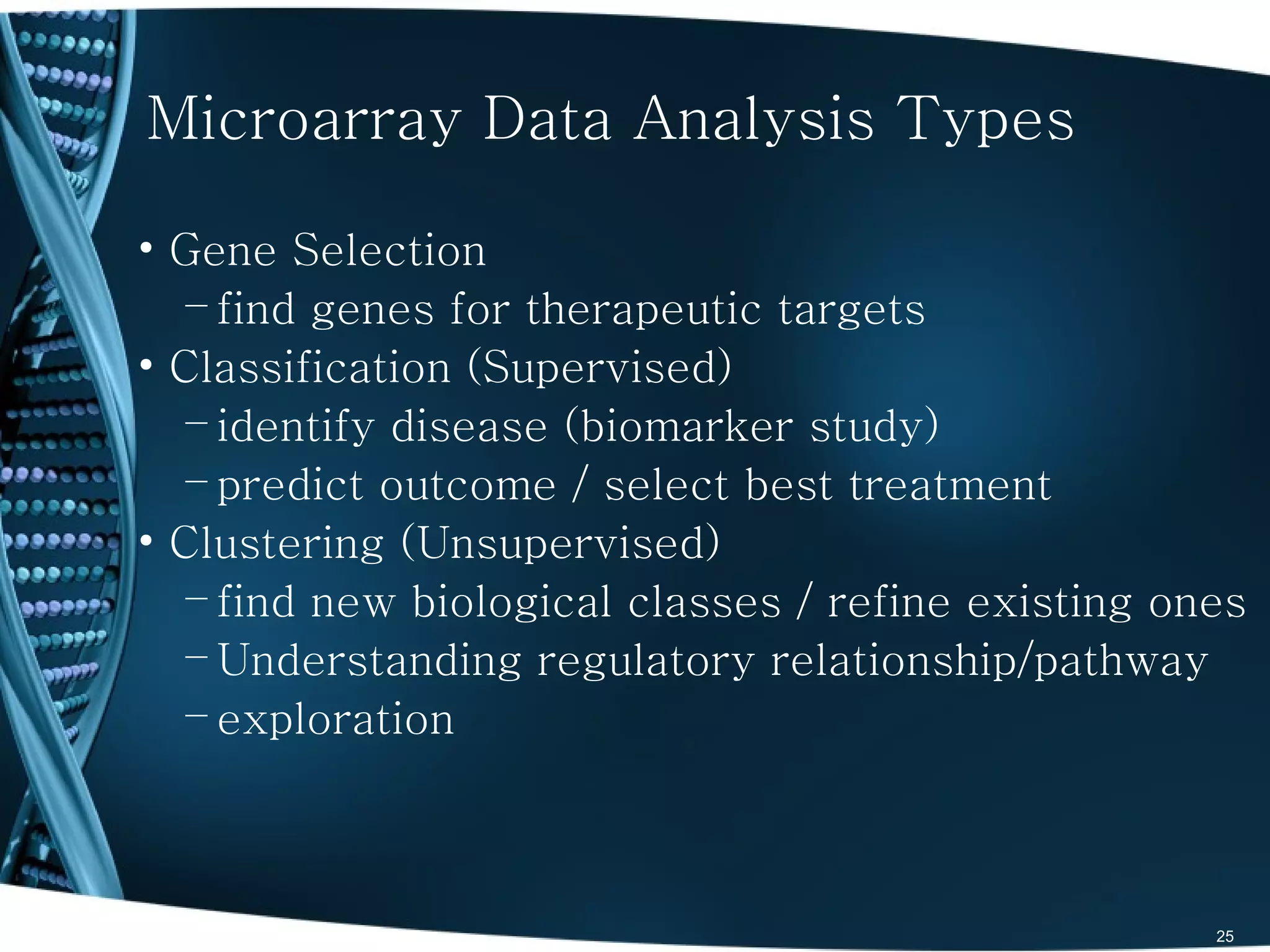 Microarray Data Analysis Types

• Gene Selection
   – find genes for therapeutic targets
• Classification (Supervised)
   – identify disease (biomarker study)
   – predict outcome / select best treatment
• Clustering (Unsupervised)
   – find new biological classes / refine existing ones
   – Understanding regulatory relationship/pathway
   – exploration



                                                     25
 