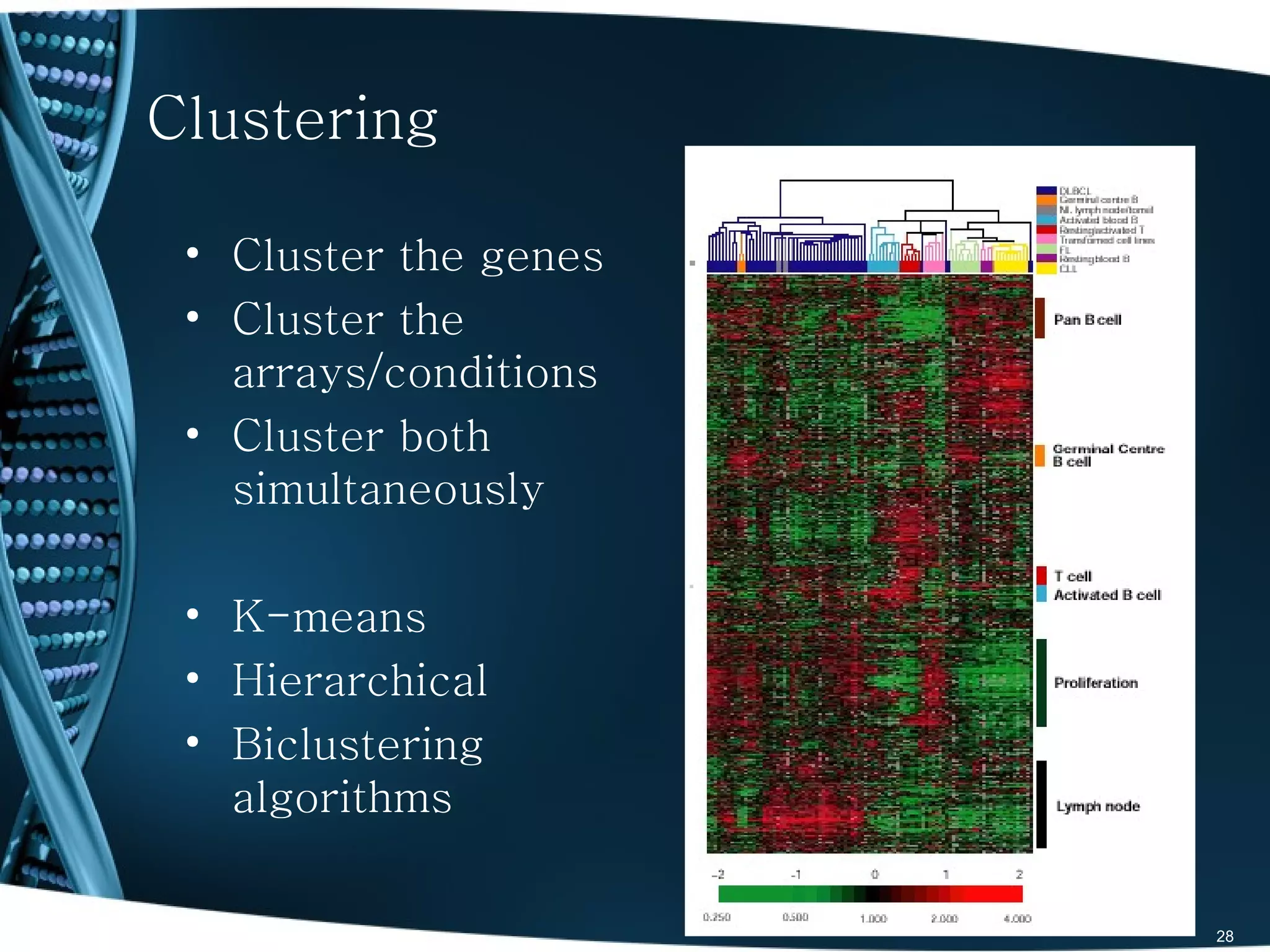 Clustering

 • Cluster the genes
 • Cluster the
   arrays/conditions
 • Cluster both
   simultaneously

 • K-means
 • Hierarchical
 • Biclustering
   algorithms

                       28
 