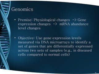 Genomics

 • Premise: Physiological changes -> Gene
   expression changes -> mRNA abundance
   level changes

 • Objective: Use gene expression levels
   measured via DNA microarrays to identify a
   set of genes that are differentially expressed
   across two sets of samples (e.g., in diseased
   cells compared to normal cells)




                                                    19
 