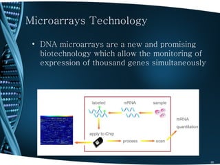 Microarrays Technology

 • DNA microarrays are a new and promising
   biotechnology which allow the monitoring of
   expression of thousand genes simultaneously




                                                 20
 