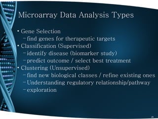Microarray Data Analysis Types

• Gene Selection
   – find genes for therapeutic targets
• Classification (Supervised)
   – identify disease (biomarker study)
   – predict outcome / select best treatment
• Clustering (Unsupervised)
   – find new biological classes / refine existing ones
   – Understanding regulatory relationship/pathway
   – exploration



                                                     25
 