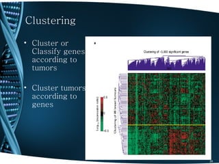 Clustering

• Cluster or
  Classify genes
  according to
  tumors

• Cluster tumors
  according to
  genes




                   29
 