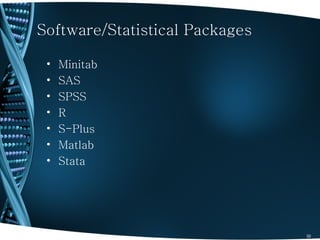 Software/Statistical Packages

 •   Minitab
 •   SAS
 •   SPSS
 •   R
 •   S-Plus
 •   Matlab
 •   Stata




                                32
 