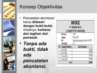 Konsep Objektivitas
• Pencatatan akuntansi
harus didasari
dengan bukti-bukti,
misalnya: kwitansi
dan tagihan dari
pemasok.
• Tanpa ada
bukti, tidak
ada
pencatatan
akuntansi.
 