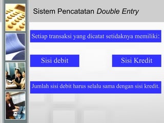Sistem Pencatatan Double Entry
Sisi debit Sisi Kredit
Setiap transaksi yang dicatat setidaknya memiliki:
Jumlah sisi debit harus selalu sama dengan sisi kredit.
 