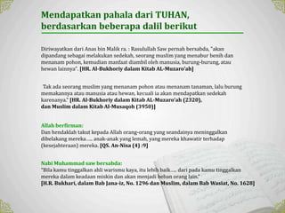 Sp
Mendapatkan pahala dari TUHAN,
berdasarkan beberapa dalil berikut
Diriwayatkan dari Anas bin Malik ra. : Rasulullah Saw pernah bersabda, "akan
dipandang sebagai melakukan sedekah, seorang muslim yang menabur benih dan
menanam pohon, kemudian manfaat diambil oleh manusia, burung-burung, atau
hewan lainnya". [HR. Al-Bukhoriy dalam Kitab AL-Muzaro'ah]
Tak ada seorang muslim yang menanam pohon atau menanam tanaman, lalu burung
memakannya atau manusia atau hewan, kecuali ia akan mendapatkan sedekah
karenanya.” [HR. Al-Bukhoriy dalam Kitab AL-Muzaro'ah (2320),
dan Muslim dalam Kitab Al-Musaqoh (3950)]
Allah berfirman:
Dan hendaklah takut kepada Allah orang-orang yang seandainya meninggalkan
dibelakang mereka….. anak-anak yang lemah, yang mereka khawatir terhadap
(kesejahteraan) mereka. [QS. An-Nisa (4) :9]
Nabi Muhammad saw bersabda:
“Bila kamu tinggalkan ahli warismu kaya, itu lebih baik….. dari pada kamu tinggalkan
mereka dalam keadaan miskin dan akan menjadi beban orang lain.”
[H.R. Bukhari, dalam Bab Jana-iz, No. 1296 dan Muslim, dalam Bab Wasiat, No. 1628]
 