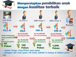 Sp
• Asumsi Harga 1Juta/Pohon saat panen
• Sebagian dari hasil panen utk biaya sekolah & sisanya di belikan pohon
lagi
Kuliah
1,040M
Mempersiapkan pendidikan anak
dengan kualitas terbaik
Rp.34,250,000
Utk biaya pendidik.
195
Pohon
65Jt
SD Kelas 2
520
Pohon
195 Jt
SMP Kelas 1
Rp.113,000,000
Utk biaya pendidikan
1,040
Pohon
520 Jt
SMU Kelas 3
Rp.356,000,000
Utk biaya pendidikan
Usia Anak
3 TH
10,3 Jt
65
Pohon
Mulai menyiapkan
biaya pendidikan anak
dgn
menanam pohon
Rp. 30,250,000
Utk beli pohon lg
Rp. 82,000,000
Utk beli pohon lg
Rp. 164,000,000
Utk beli pohon lg
 