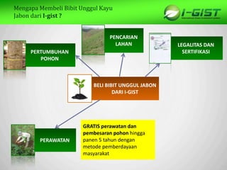 Sp
Mengapa Membeli Bibit Unggul Kayu
Jabon dari I-gist ?
BELI BIBIT UNGGUL JABON
DARI I-GIST
PENCARIAN
LAHAN LEGALITAS DAN
SERTIFIKASI
PERAWATAN
PERTUMBUHAN
POHON
GRATIS perawatan dan
pembesaran pohon hingga
panen 5 tahun dengan
metode pemberdayaan
masyarakat
 