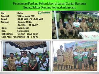 Sp
PenanamanPerdanaPohonJabondiLahanCianjurBersama
Bupati,Sekda,Dandim,Polres,danlain-lain.
Hari : Rabu
Tanggal : 9 November 2011
Pukul : 09.00 WIB s/d 12.00 WIB
Tempat : Gunung Unta,
Kp. Citiis RT 02/07
Desa : Sukamekar
Kec. : Sukanagara
Kabupaten : Cianjur – Jawa Barat
Luas Area Penanaman Thp I : 40 ha
 
