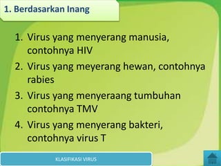 1. Virus yang menyerang manusia,
contohnya HIV
2. Virus yang meyerang hewan, contohnya
rabies
3. Virus yang menyeraang tumbuhan
contohnya TMV
4. Virus yang menyerang bakteri,
contohnya virus T
KLASIFIKASI VIRUS
1. Berdasarkan Inang
 