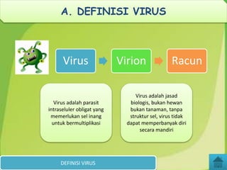 DEFINISI VIRUS
Virus Virion Racun
Virus adalah parasit
intraseluler obligat yang
memerlukan sel inang
untuk bermultiplikasi
Virus adalah jasad
biologis, bukan hewan
bukan tanaman, tanpa
struktur sel, virus tidak
dapat memperbanyak diri
secara mandiri
A. DEFINISI VIRUS
 
