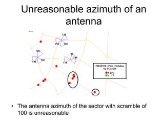 Unreasonable azimuth of an
antenna
• The antenna azimuth of the sector with scramble of
100 is unreasonable
 