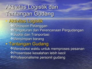 Aktivitas Logistik danAktivitas Logistik dan
Tantangan GudangTantangan Gudang
• Aktivitas LogistikAktivitas Logistik
Merespon PelangganMerespon Pelanggan
Pengaturan dan Perencanaan PergudanganPengaturan dan Perencanaan Pergudangan
Suplai dan TranportasiSuplai dan Tranportasi
Menyimpan barangMenyimpan barang
• Tantangan GudangTantangan Gudang
Mereduksi waktu untuk memproses pesananMereduksi waktu untuk memproses pesanan
Prosentase kesalahan lebih kecilProsentase kesalahan lebih kecil
Profesionalisme personil gudangProfesionalisme personil gudang
 