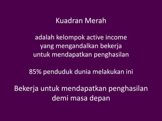 Kuadran Merah

     adalah kelompok active income
       yang mengandalkan bekerja
     untuk mendapatkan penghasilan

    85% penduduk dunia melakukan ini

Bekerja untuk mendapatkan penghasilan
           demi masa depan
 