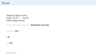 Draw
begin{tikzpicture}
draw (0,0) -- (5,0);
end{tikzpicture}
Standard unit (cm)
em
pt
mm
Brief intro to L
ATEX
 