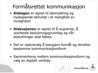 Formålsrettet kommunikasjon Dialogen  er egnet til idemyldring og nyskapende aktivitet i et mangfold av muligheter Diskusjonen  er egnet til å avgrense, å utarbeide beslutningsgrunnlag og når beslutninger skal fattes. Det er nødvendig å klargjøre formål og deretter bestemme kommunikasjonsform Sammenheng mellom kommunikasjonsform og valg av digitalt verktøy 