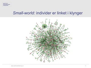 Small-world: individer er linket i klynger




www.samfunnsforskning.no                        11
 