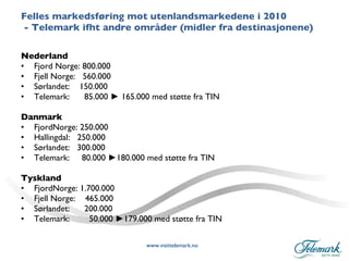 Felles markedsføring mot utenlandsmarkedene i 2010   - Telemark ifht andre områder (midler fra destinasjonene)  Nederland Fjord Norge: 800.000 Fjell Norge:  560.000 Sørlandet:  150.000 Telemark:  85.000 ► 165.000 med støtte fra TIN Danmark FjordNorge: 250.000 Hallingdal:  250.000 Sørlandet:  300.000 Telemark:  80.000 ►180.000 med støtte fra TIN Tyskland FjordNorge: 1.700.000 Fjell Norge:  465.000 Sørlandet:  200.000 Telemark:  50.000 ►179.000 med støtte fra TIN 