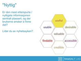 "Nyttig"
Er den mest etterspurte /
nyttigste informasjonen
sentralt plassert, og der
brukerne ønsker å finne
det?

Lider du av nyhetssyken?
 