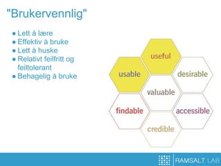 "Brukervennlig"
● Lett å lære
● Effektiv å bruke
● Lett å huske
● Relativt feilfritt og
  feiltolerant
● Behagelig å bruke
 