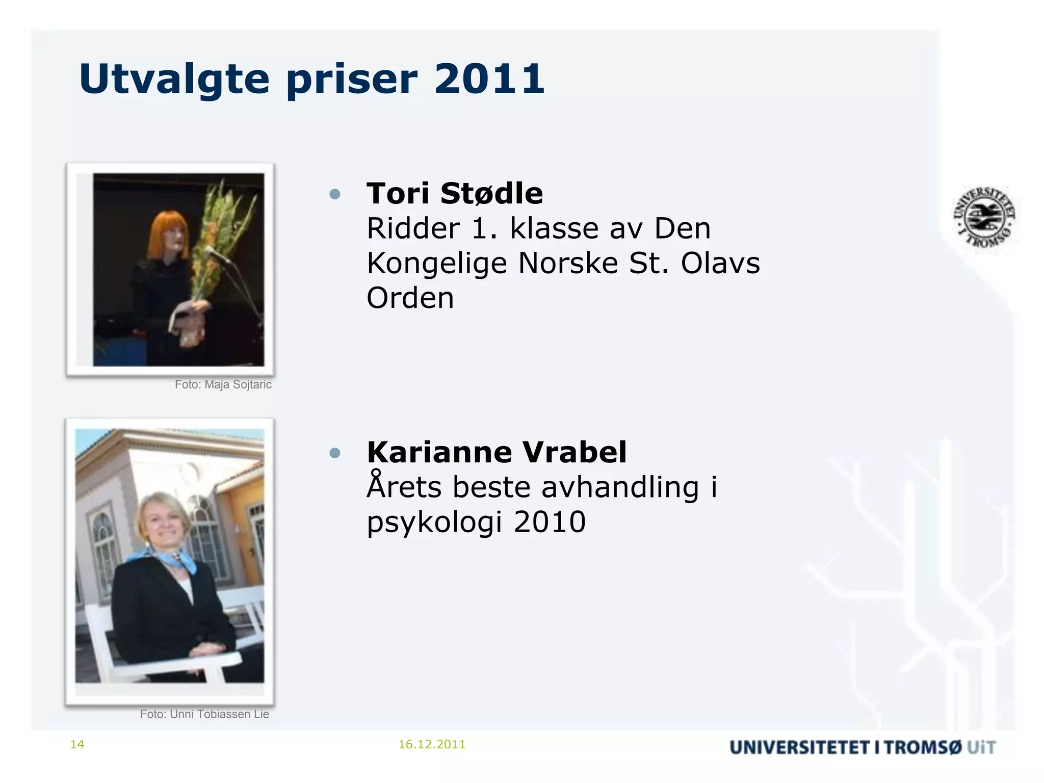 Utvalgte priser 2011

                                 • Tori Stødle
                                   Ridder 1. klasse av Den
                                   Kongelige Norske St. Olavs
                                   Orden

           Foto: Maja Sojtaric




                                 • Karianne Vrabel
                                   Årets beste avhandling i
                                   psykologi 2010




     Foto: Unni Tobiassen Lie

14                                   16.12.2011
 