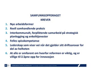 1.
2.
3.
4.
5.
6.

SAMFUNNSOPPDRAGET
KREVER
Nye arbeidsformer
Reell samhandlende praksis
Interkommunalt, forpliktende samarbeid på strategisk
planlegging og enkelttjenester
Felles spisskompetanse
Lederskap som viser vei når det gjelder sitt driftsansvar for
del av helheten
At alle er omforent om hvorfor reformen er viktig, og er
villige til å åpne opp for innovasjon

 