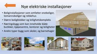 Nye elektriske installasjoner
• Boliginstallasjoner som omfatter eneboliger,
tomannsboliger og rekkehus
• Større boligblokker og leilighetskompleks
• Næringsbygg som kan inneholde både
butikker, kjøpesentre, kontorer og leiligheter
• Andre typer bygg som skoler, og barnehager
 