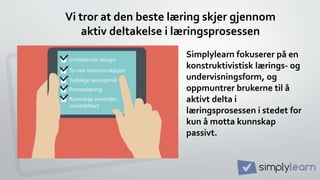 Vi tror at den beste læring skjer gjennom
aktiv deltakelse i læringsprosessen
Simplylearn fokuserer på en
konstruktivistisk lærings- og
undervisningsform, og
oppmuntrer brukerne til å
aktivt delta i
læringsprosessen i stedet for
kun å motta kunnskap
passivt.
 