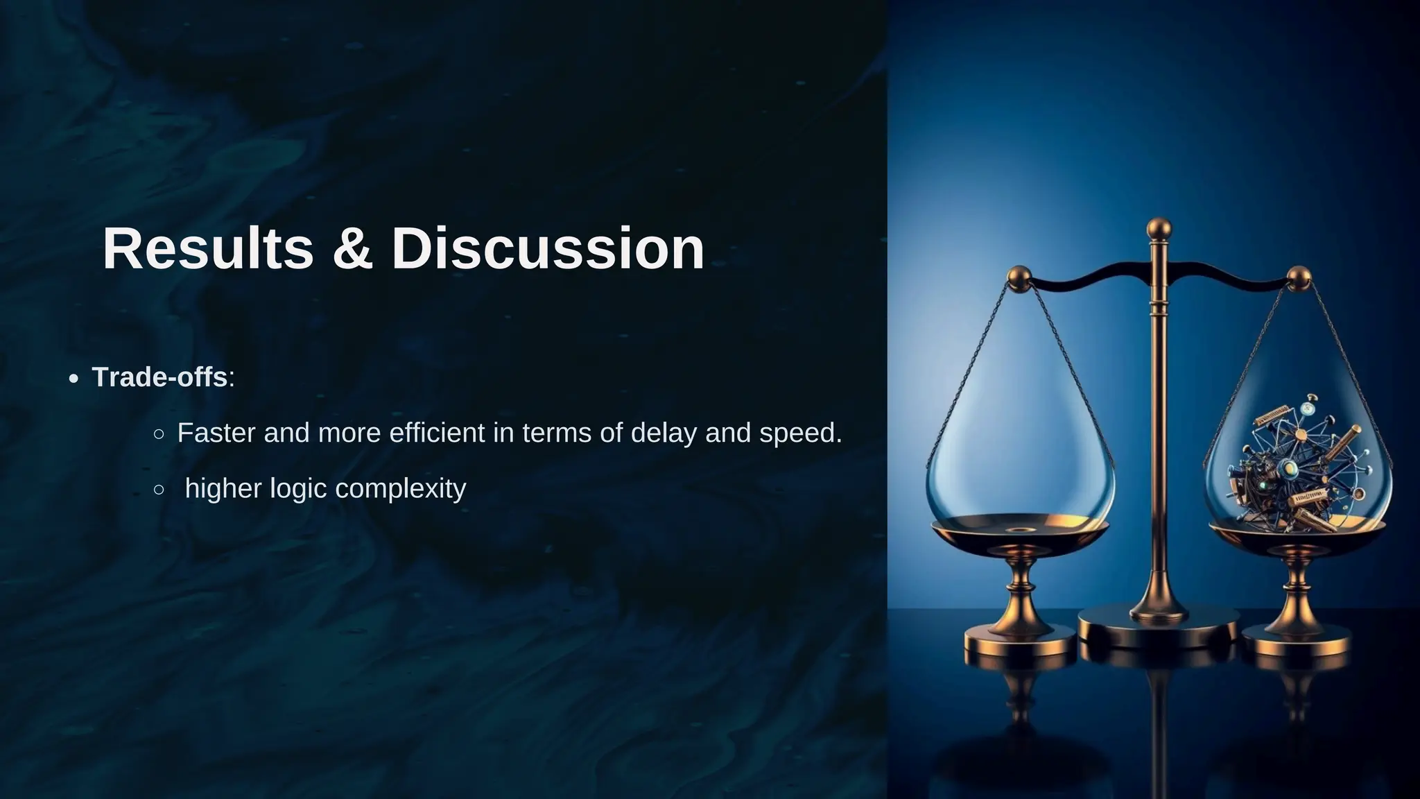 Results & Discussion
Trade-offs:
Faster and more efficient in terms of delay and speed.
higher logic complexity
 