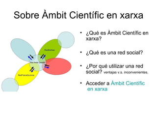 Sobre Àmbit Científic en xarxa
               • ¿Qué es Àmbit Científic en
                 xarxa?

               • ¿Qué es una red social?

               • ¿Por qué utilizar una red
                 social? ventajas v.s. inconvenientes.

               • Acceder a Àmbit Científic
                 en xarxa
 