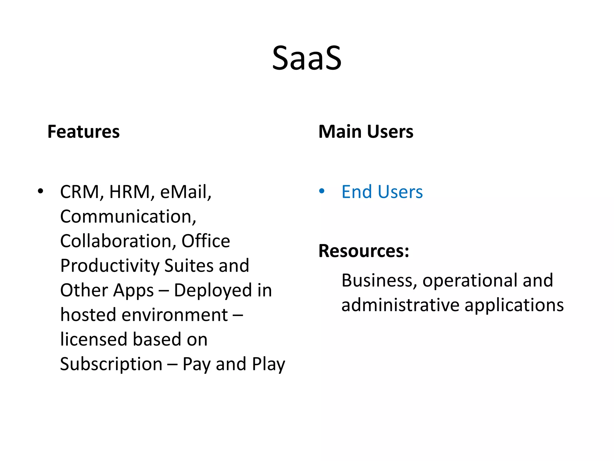 SaaS
 Features                       Main Users

• CRM, HRM, eMail,              • End Users
  Communication,
  Collaboration, Office         Resources:
  Productivity Suites and
  Other Apps – Deployed in        Business, operational and
  hosted environment –            administrative applications
  licensed based on
  Subscription – Pay and Play
 