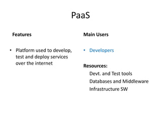PaaS
 Features                     Main Users

• Platform used to develop,   • Developers
  test and deploy services
  over the internet           Resources:
                                Devt. and Test tools
                                Databases and Middleware
                                Infrastructure SW
 