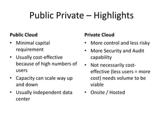 Public Private – Highlights
Public Cloud                   Private Cloud
• Minimal capital              • More control and less risky
  requirement                  • More Security and Audit
• Usually cost-effective          capability
  because of high numbers of   • Not necessarily cost-
  users                           effective (less users = more
• Capacity can scale way up       cost) needs volume to be
  and down                        viable
• Usually independent data     • Onsite / Hosted
  center
 
