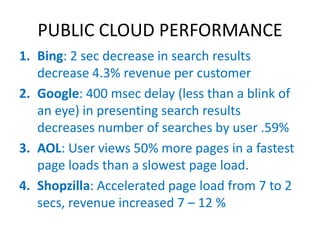 PUBLIC CLOUD PERFORMANCE
1. Bing: 2 sec decrease in search results
   decrease 4.3% revenue per customer
2. Google: 400 msec delay (less than a blink of
   an eye) in presenting search results
   decreases number of searches by user .59%
3. AOL: User views 50% more pages in a fastest
   page loads than a slowest page load.
4. Shopzilla: Accelerated page load from 7 to 2
   secs, revenue increased 7 – 12 %
 