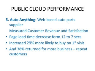 PUBLIC CLOUD PERFORMANCE
5. Auto Anything: Web-based auto parts
  supplier
  Measured Customer Revenue and Satisfaction
• Page load time decrease form 12 to 7 secs
• Increased 29% more likely to buy on 1st visit
• And 38% returned for more business – repeat
  customers
 