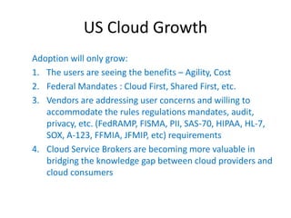 US Cloud Growth
Adoption will only grow:
1. The users are seeing the benefits – Agility, Cost
2. Federal Mandates : Cloud First, Shared First, etc.
3. Vendors are addressing user concerns and willing to
   accommodate the rules regulations mandates, audit,
   privacy, etc. (FedRAMP, FISMA, PII, SAS-70, HIPAA, HL-7,
   SOX, A-123, FFMIA, JFMIP, etc) requirements
4. Cloud Service Brokers are becoming more valuable in
   bridging the knowledge gap between cloud providers and
   cloud consumers
 
