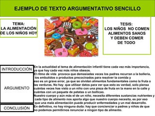 EJEMPLO DE TEXTO ARGUMENTATIVO SENCILLO
TEMA:
LA ALIMENTACIÓN
DE LOS NIÑOS HOY
INTRODUCCIÓN
ARGUMENTO
CONCLUSIÓN
TESIS:
LOS NIÑOS NO COMEN
ALIMENTOS SANOS
Y DEBEN COMER
DE TODO
En la actualidad el tema de alimentación infantil tiene cada vez más importancia,
ya que hay cada vez más niños obesos.
El ritmo de vida provoca que demasiadas veces los padres recurran a la bollería,
los embutidos o productos precocinados para resolver la comida y
eso es un grave error, ya que se olvidan alimentos fundamentales como la fruta o
las verduras. No hay que utilizar datos para ver que esto es verdad, solo piensa
cuántas veces has visto a un niño con una pieza de fruta en la mano en la calle y
cuántas con un paquete de patatas o un bollicao.
Nuestro cuerpo y aún más el de un niño, necesita diferentes sustancias nutrientes y
cada tipo de alimento nos aporta algo que nuestro cuerpo necesita, es por eso
que una mala alimentación puede producir enfermedades y un mal desarrollo.
En definitiva, no hay ninguna duda: hay que concienciar a padres y niños de que
no podemos permitirnos renunciar a ningún tipo de alimento.