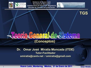 1 Teoría General de Sistema (Conceptos) Dr.   Omar José  Miratía Moncada (ITDE) Tutor-Facilitador omiratia@cantv.net  / omiratia@gmail.com Nuevo León, Monterrey,  México,  21 de Enero de 2011 