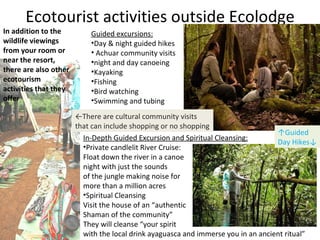 Ecotourist activities outside Ecolodge In addition to the wildlife viewings from your room or near the resort, there are also other ecotourism activities that they offer Guided excursions: Day & night guided hikes Achuar community visits night and day canoeing  Kayaking Fishing Bird watching  Swimming and tubing In-Depth Guided Excursion and Spiritual Cleansing: Private candlelit River Cruise:  Float down the river in a canoe  at night with just the sounds  of the jungle making noise for  more than a million acres Spiritual Cleansing Visit the house of an “authentic  Shaman of the community” They will cleanse “your spirit  with the local drink ayaguasca and immerse you in an ancient ritual”  ← There are cultural community visits that can include shopping or no shopping ↑ Guided Day Hikes↓ 