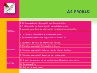 1. As Tecnoloxías da Información e da Comunicación.
           2. A Información e a Comunicación na sociedade actual.
           3. Internet como fonte de información e medio de comunicación.
PRIMEIRA
           4. Os sistemas tecnolóxicos e futuras evolucións.
           5. Propiedade intelectual e seguridade no uso das TIC

           6. Estratexias de busca de información na web.
           7. Ofimática avanzada I. Procesador de textos.
SEGUNDA    8. Ofimática avanzada II. Follas de cálculo e bases de datos.

           9. Ofimática avanzada III: Presentacións multimedia

           10. A web: ferramentas para a publicación e difusión da información.
TERCEIRA
           11. Deseño gráfico
           12. Edición de son e vídeo
 