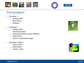 Campaigns: Campaign 1: October 2008 South Africa Biodiesel Campaign 2: October 2009 International team 8 person (6 Nova/2 Ubuntu Plakkies) South Africa Theme: “sustainable energy” Campaign 3 (2010) Autumn 2010 South Africa Theme: “water” 10/16 