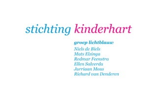 stichting kinderhart
         groep lichtblauw
         Niels de Biels
         Mats Elzinga
         Redmar Feenstra
         Ellen Salverda
         Jurriaan Mous
         Richard van Denderen
 