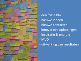- een frisse blik - nieuwe ideeën - nieuwe contacten - innovatieve oplossingen - inspiratie & energie - MVO - uitwerking van resultaten 