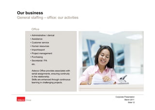 Our business
General staffing – office: our activities


         Office
        • Administrative / clerical
        • Ass...
