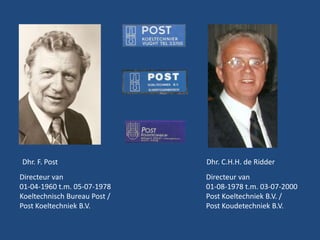 Dhr. F. Post
Directeur van
01-04-1960 t.m. 05-07-1978
Koeltechnisch Bureau Post /
Post Koeltechniek B.V.

Dhr. C.H.H. de Ridder
Directeur van
01-08-1978 t.m. 03-07-2000
Post Koeltechniek B.V. /
Post Koudetechniek B.V.

 