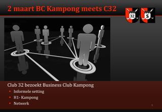 2 maart BC Kampong meets C32

Club 32 bezoekt Business Club Kampong
 Informele setting
 H1- Kampong
 Netwerk

9

 