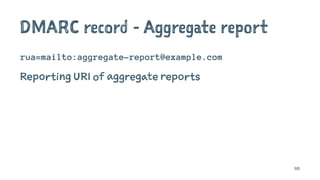 DMARC record - Aggregate report
rua=mailto:aggregate-report@example.com
Reporting URI of aggregate reports
110
 